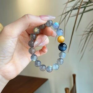 Natural Gray Moonstone Bracelet for Women, Blue Gold Tiger Eye Stone Bracelet, Original Design, Multi-Treasure Crystal, High-End and Accessible Luxury
